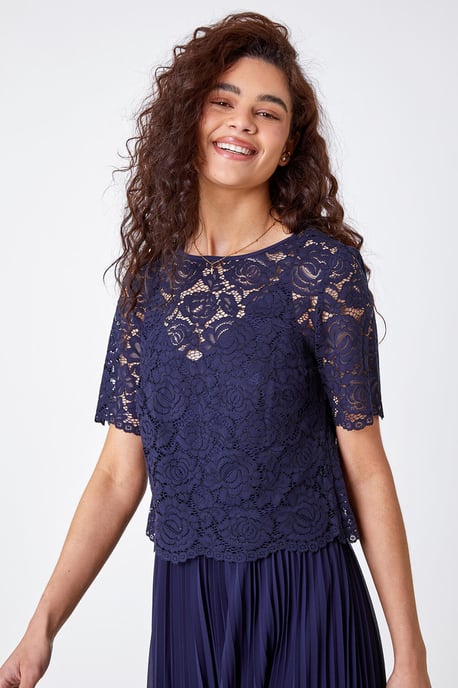 Lace Top Overlay Pleated Midi Dress