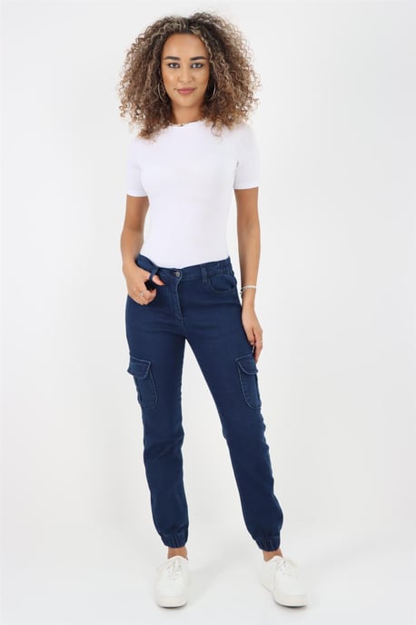 Jeans med mudd och resår i sidan för damer i Dark Stonewash - Image 6