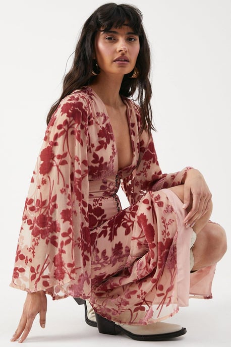 Devore Plunge Neck Flared Sleeve Button Through Midi Dress - Image 4