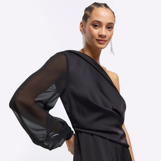 River Island Womens Jumpsuit Black Satin One Shoulder Wide Leg