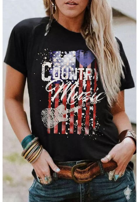 Women's American Flag Print Short Sleeve T-Shirt in Black - Image 1
