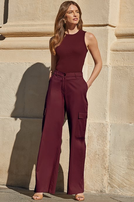 Burgundy Wide Leg Cargo Trousers