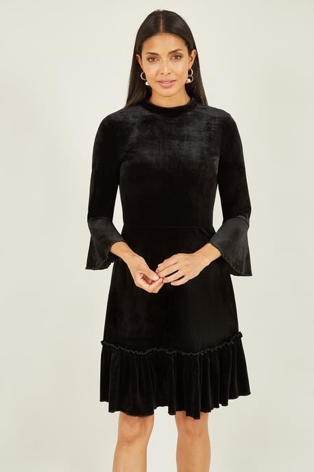 Black Velvet High Neck Skater Dress