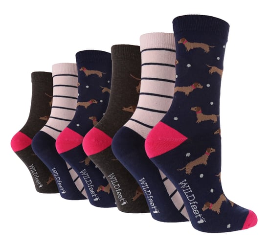 6 Pack Ladies Fun Design Socks | Wildfeet | Cute Novelty Animal Pattern Socks - Dashchund - Image 1