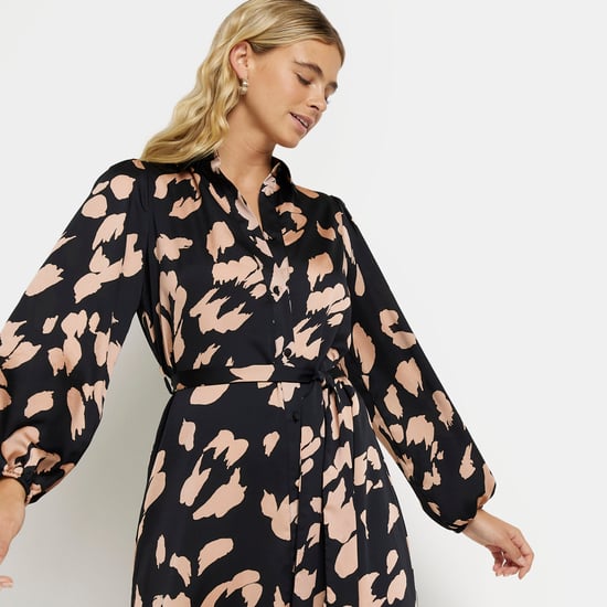 River Island Womens Midi Shirt Dress Black Satin Animal Print