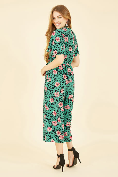 Green Animal Print Jumpsuit With Angel Sleeves
