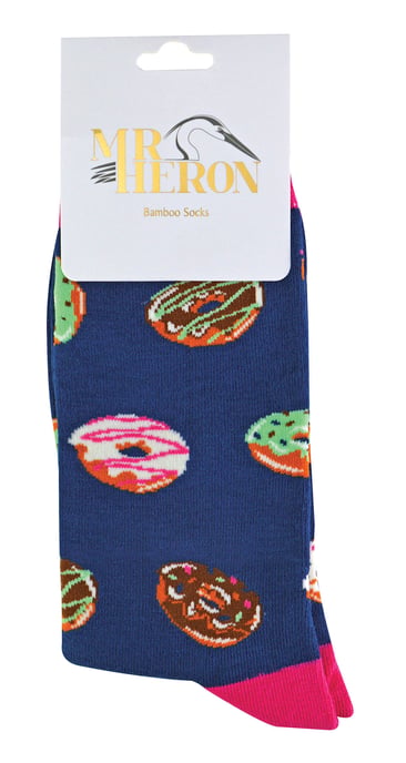 Mr Heron - Mens Bamboo Socks | Novelty Funky Socks | Patterned Argyle Striped Socks | Breathable Soft | Gifts for Him - Donuts (Navy) - Image 2