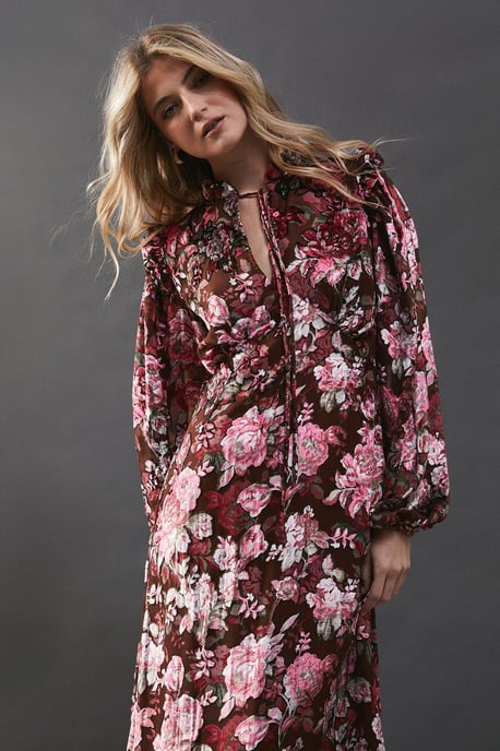 Burnout Floral Devore Frill Shoulder Tie Front Midi Dress - Image 2