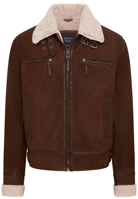 Mens Brown Real Sheep Suede Bomber Aviator Jacket - Sandnes