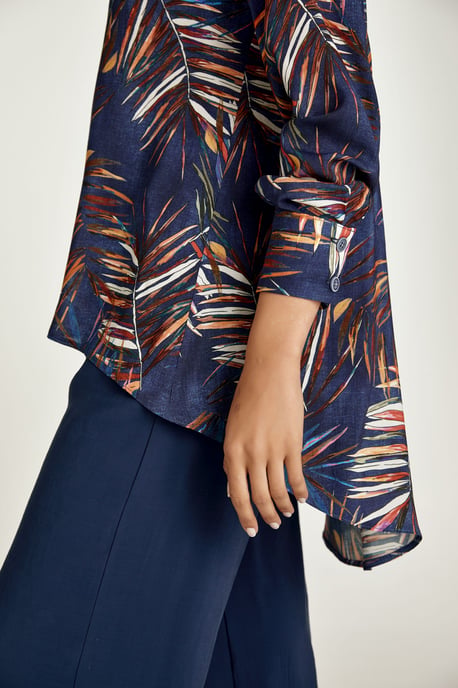 Leaf Print Blouse with Mandarin Collar