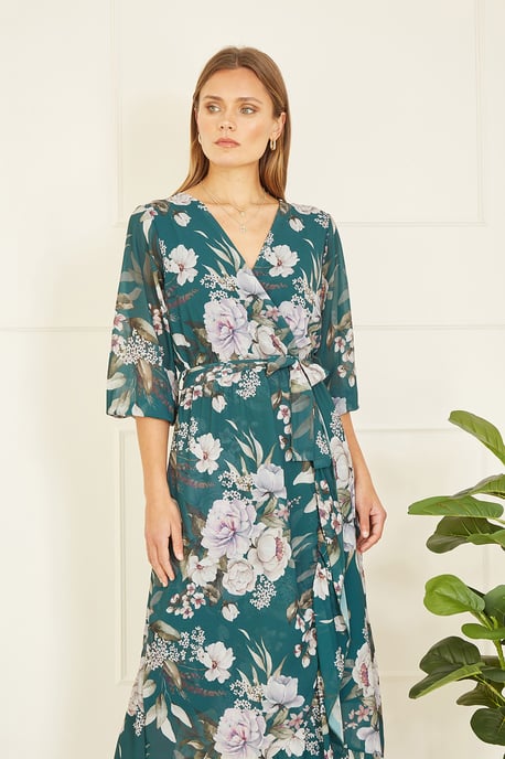 Teal Floral Wrap Midi Dress With Frill