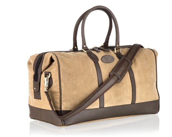 Woodland Leather Beige Canvass And Brown Leather Large Holdall 22.0" Wide Central Zip Opening Adjustable Shoulder Strap