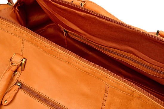 Woodland Leather Tan Large Size Travel Holdall 24.0" Wide Wide Central Zip Opening Adjustable Shoulder Strap