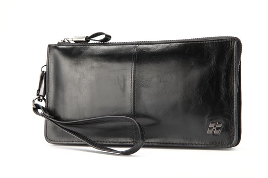 Hautton Leather Black Wrist Bag 8.0" Central Zip Compartment Removeable Strap