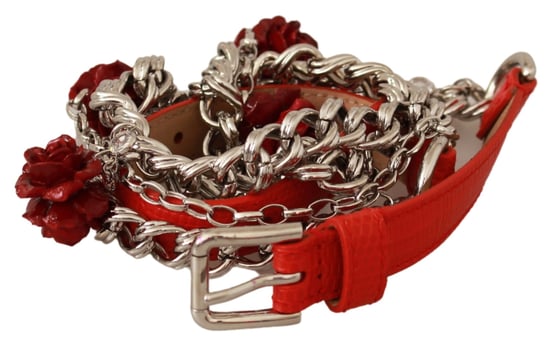 Dolce & Gabbana Röd Läder Rosor Blommig Silver Midjebälte - Image 2