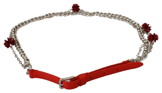 Dolce & Gabbana Röd Läder Rosor Blommig Silver Midjebälte - Image 3
