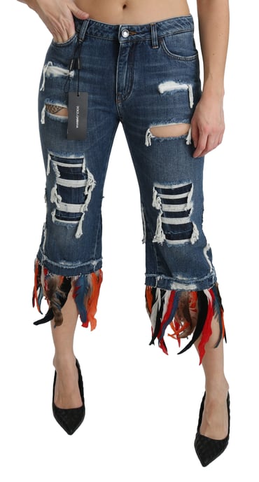Dolce & Gabbana Korte katoenen jeans met lage taille en veren voor dames - Image 1