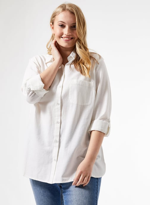Dorothy Perkins Womens Curve White Shirt Linen 3/4 Sleeve Front Pocket Top