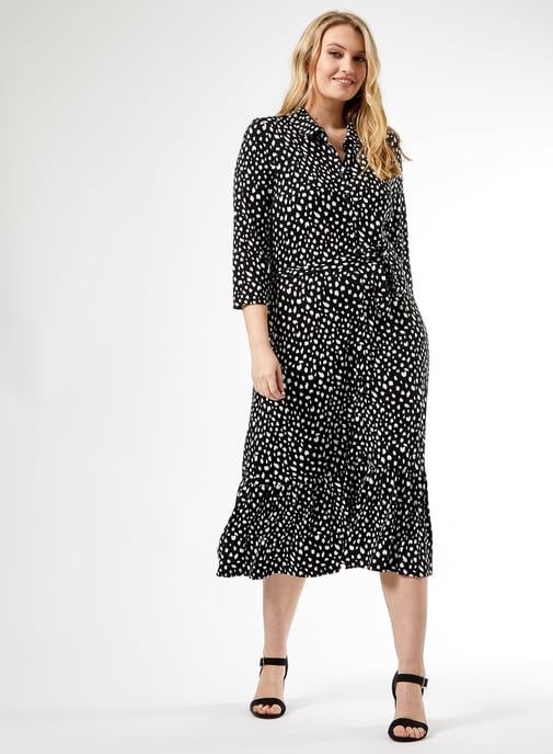 Dorothy Perkins Womens Curve Black Spot Polka Print Midi Shirt Dress 3/4 Sleeve