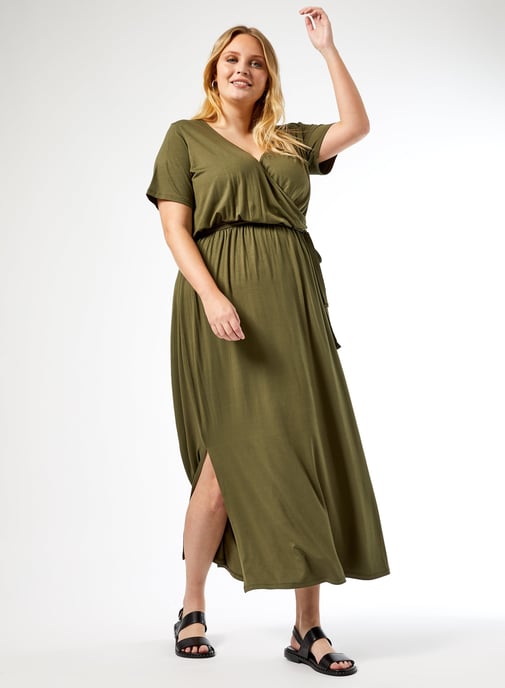 Dorothy Perkins Womens Curve Green Maxi Wrap Dress V-Neck Short Sleeve