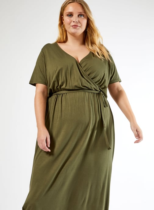 Dorothy Perkins Womens Curve Green Maxi Wrap Dress V-Neck Short Sleeve