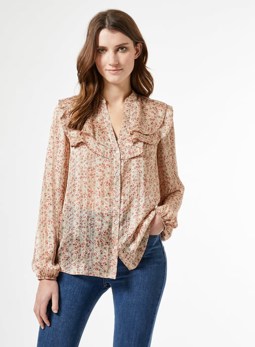 Dorothy Perkins Womens Pink Chiffon Floral Print Long Sleeve Shirt V-Neck Top