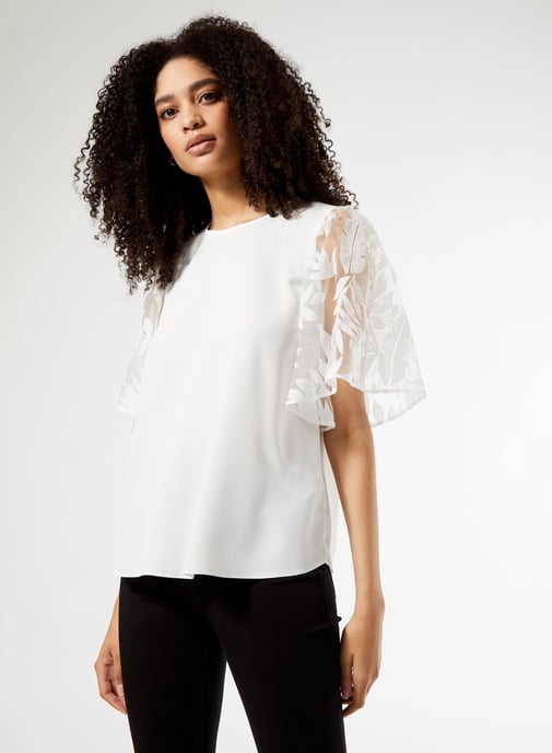 Dorothy Perkins Womens Ivory Organza Short Sleeve Top Round Neck Blouse