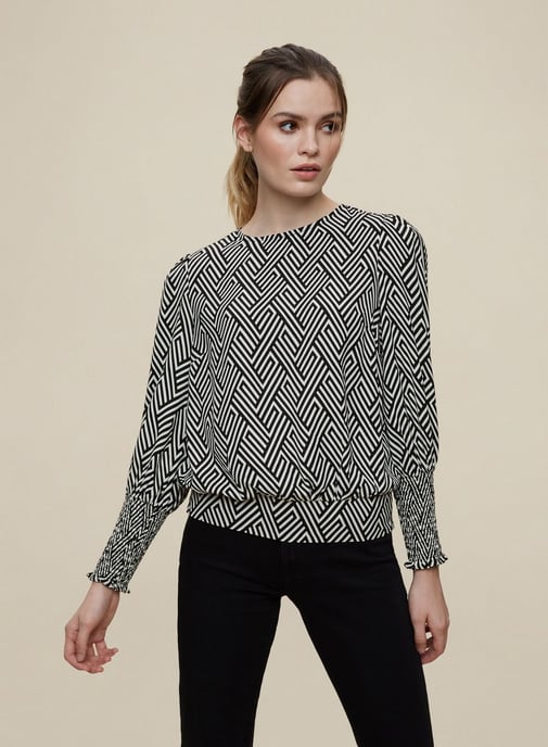 Dorothy Perkins Womens Black White Geometric Print Shirred Cuff Top Long Sleeve