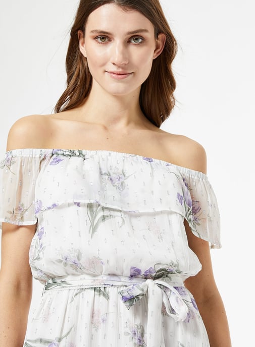 Dorothy Perkins Womens White Chiffon Print Bardot Maxi Dress Short Sleeve