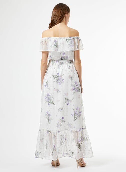 Dorothy Perkins Womens White Chiffon Print Bardot Maxi Dress Short Sleeve