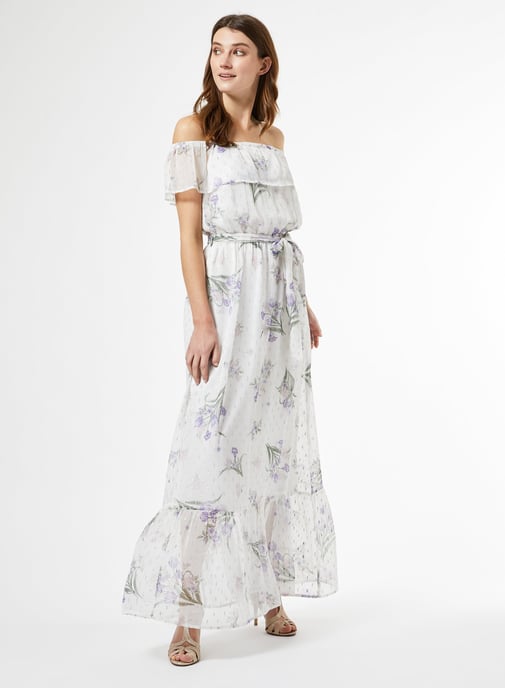 Dorothy Perkins Womens White Chiffon Print Bardot Maxi Dress Short Sleeve