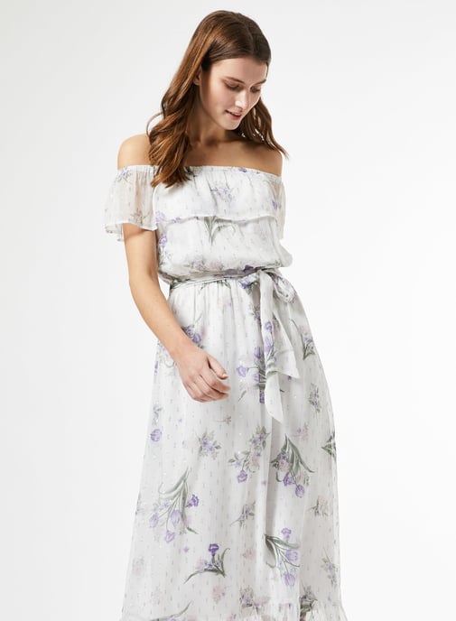 Dorothy Perkins Womens White Chiffon Print Bardot Maxi Dress Short Sleeve