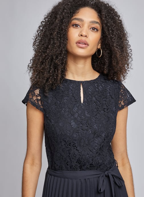 Dorothy Perkins Womens Blue Pleated Alice Lace Midi Dress V-Neck Short Sleeve