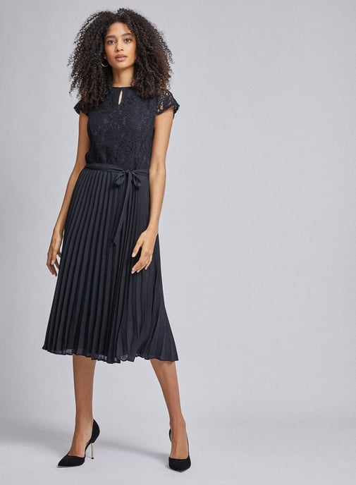 Dorothy Perkins Womens Blue Pleated Alice Lace Midi Dress V-Neck Short Sleeve