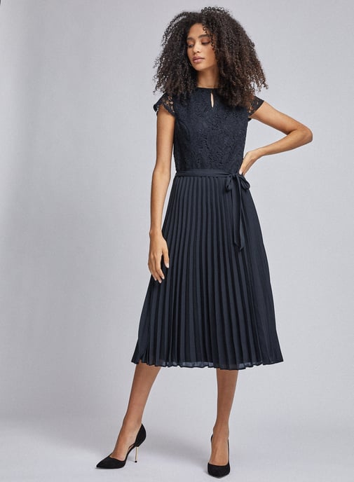 Dorothy Perkins Womens Blue Pleated Alice Lace Midi Dress V-Neck Short Sleeve