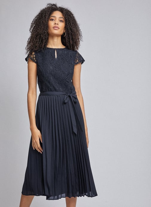 Dorothy Perkins Womens Blue Pleated Alice Lace Midi Dress V-Neck Short Sleeve