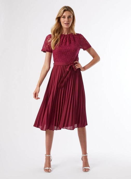 Dorothy Perkins Womens Raspberry Lace Pleat Dress Short Sleeve Round Neck