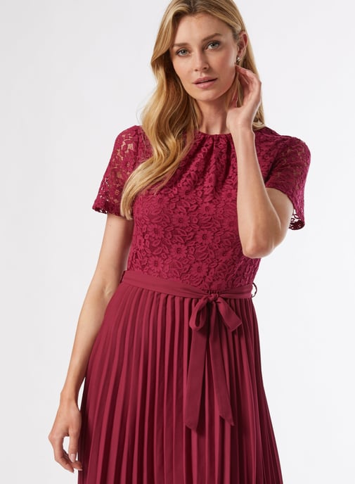 Dorothy Perkins Womens Raspberry Lace Pleat Dress Short Sleeve Round Neck