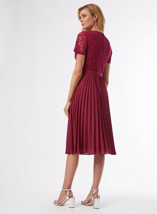 Dorothy Perkins Womens Raspberry Lace Pleat Dress Short Sleeve Round Neck