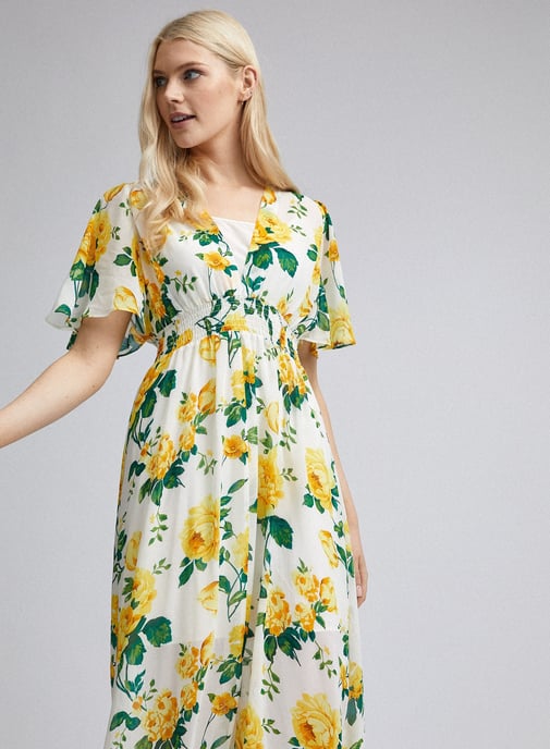 Dorothy Perkins Womens Yellow Floral Print Midi Short Sleeve V Neck Dress
