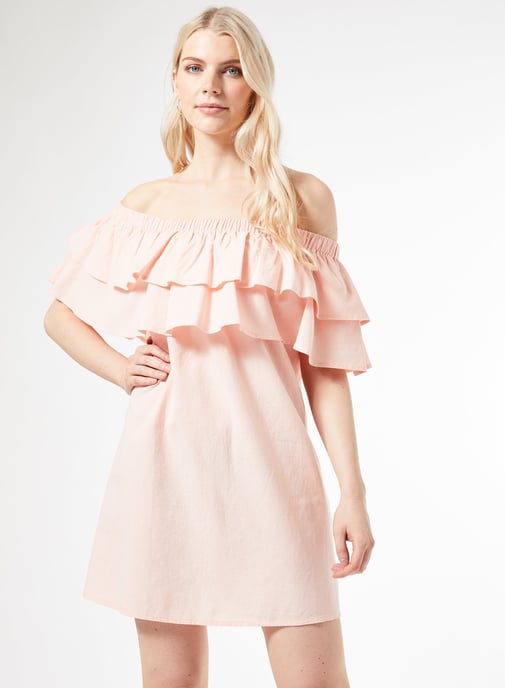 Dorothy Perkins Womens Pink Double Frill Bardot Mini Dress Shoulderless