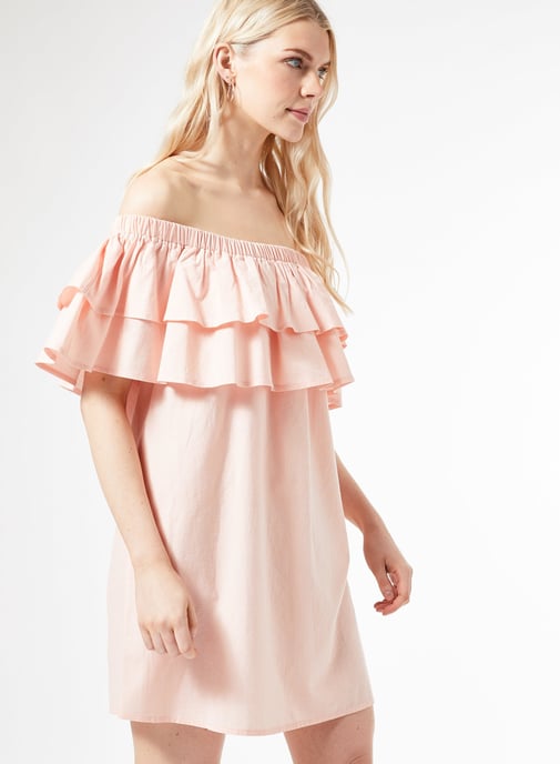 Dorothy Perkins Womens Pink Double Frill Bardot Mini Dress Shoulderless