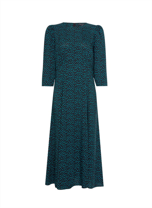 Dorothy Perkins Womens Green Spot Empire Midi Dress 3/4 Sleeve Round Neck