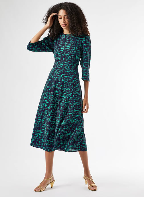 Dorothy Perkins Womens Green Spot Empire Midi Dress 3/4 Sleeve Round Neck