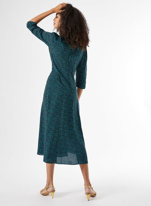 Dorothy Perkins Womens Green Spot Empire Midi Dress 3/4 Sleeve Round Neck