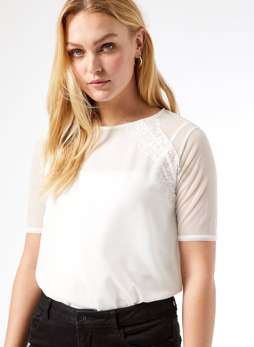 Dorothy Perkins Womens Tall White Lace Insert T-Shirt Short Sleeve Blouse Top