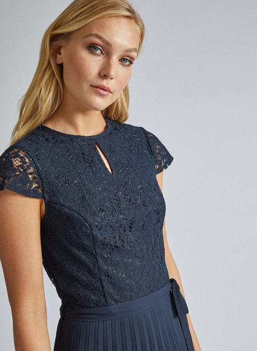 Dorothy Perkins Womens Tall Navy Blue Lace Pleated Dress Short Sleeve Round Neck