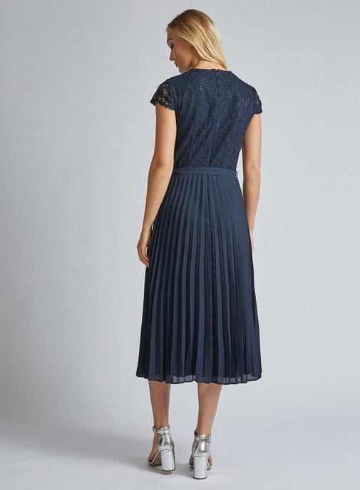 Dorothy Perkins Womens Tall Navy Blue Lace Pleated Dress Short Sleeve Round Neck