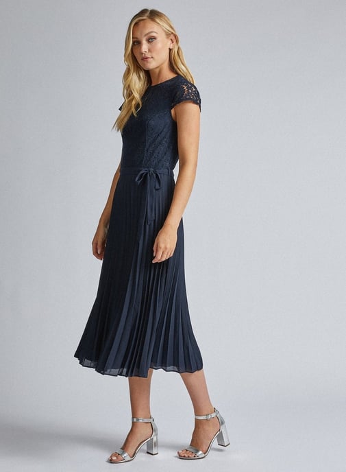 Dorothy Perkins Womens Tall Navy Blue Lace Pleated Dress Short Sleeve Round Neck