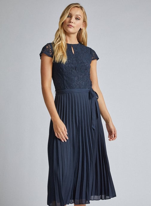 Dorothy Perkins Womens Tall Navy Blue Lace Pleated Dress Short Sleeve Round Neck